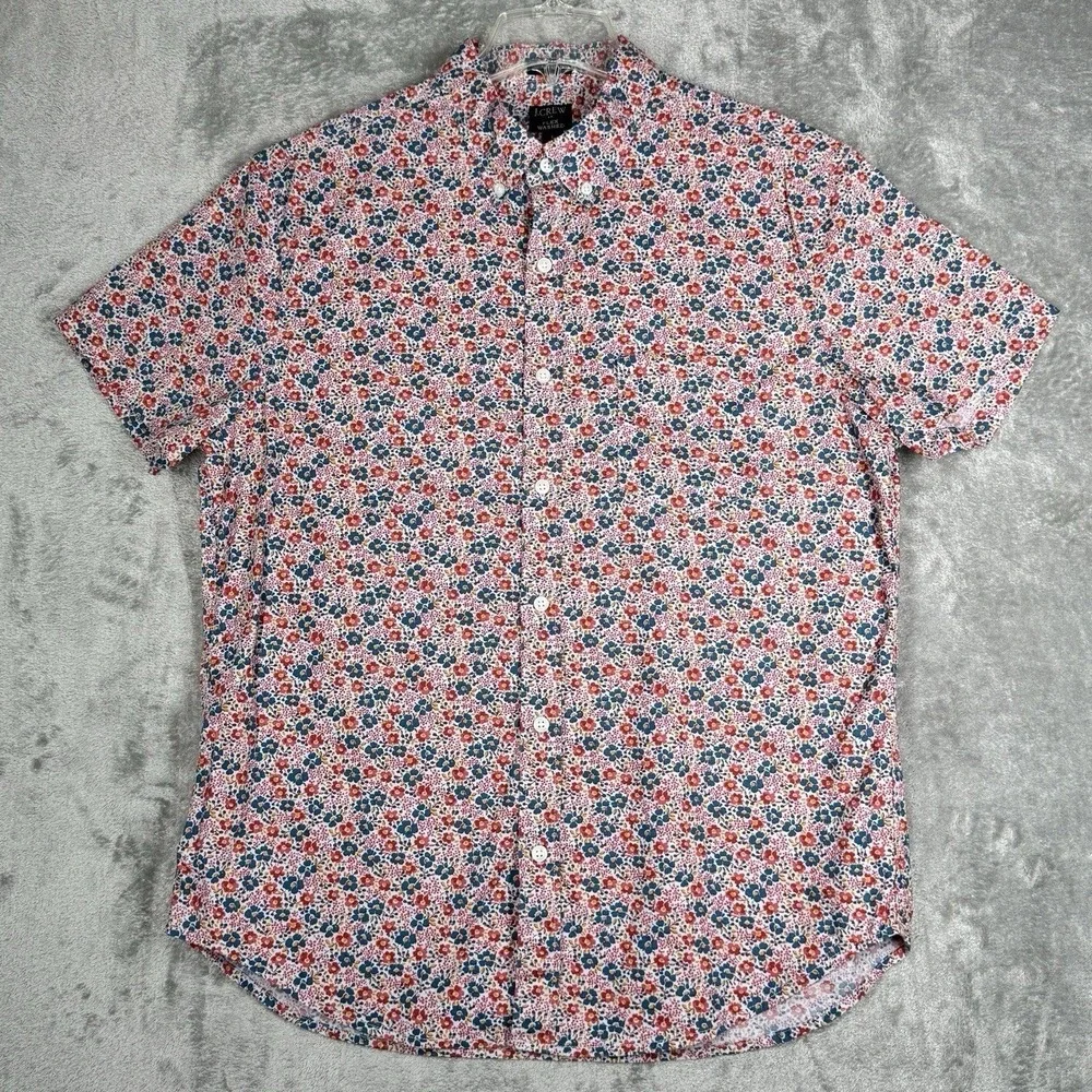 J.Crew Floral Shirt Men Large Red Blue Colorful Slim Fit Flex Washed Button Down